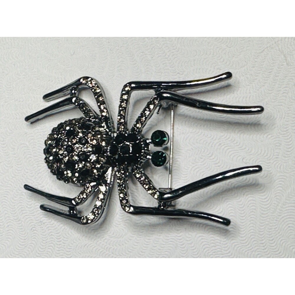 Green Eyed Gothic Halloween Black Rhinestone Spider Insect Brooch Pin Punk